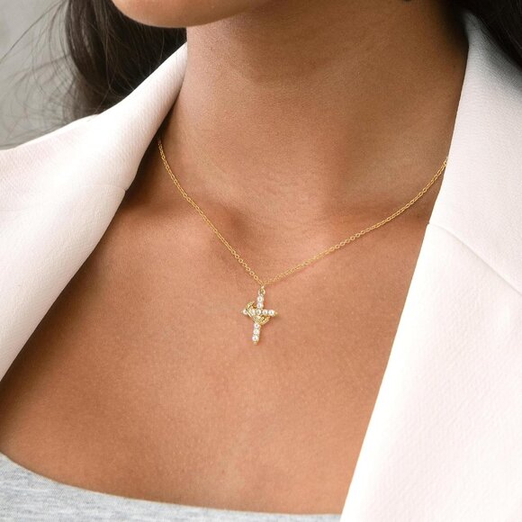 Diamond Crown Cross Necklace 14K Gold & Silver Plated Faith Gift for Women Chain - Picture 2 of 7